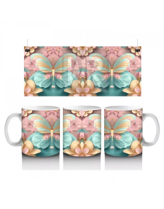Altın Detaylı Renkli Kelebekler ve Çiçekler – Baskılı Kahve Kupası