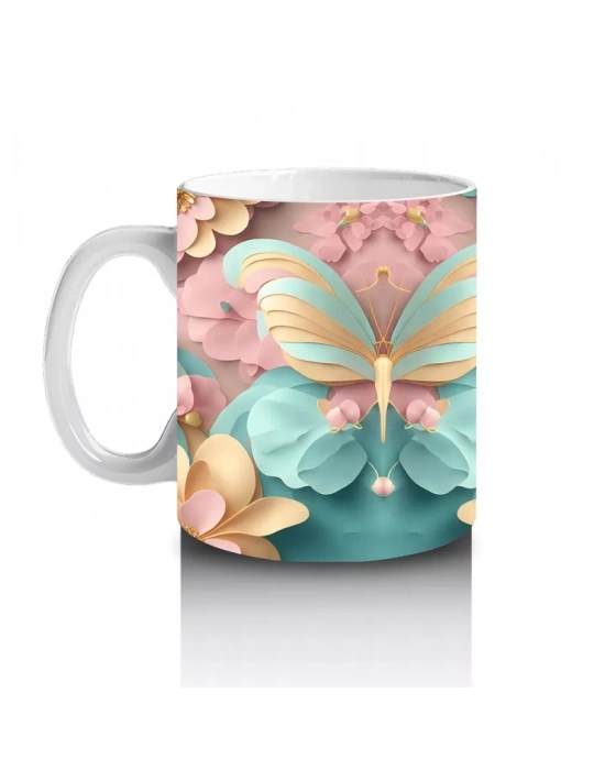 Altın Detaylı Renkli Kelebekler ve Çiçekler – Baskılı Kahve Kupası
