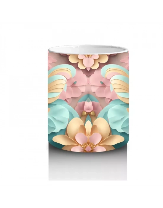 Altın Detaylı Renkli Kelebekler ve Çiçekler – Baskılı Kahve Kupası