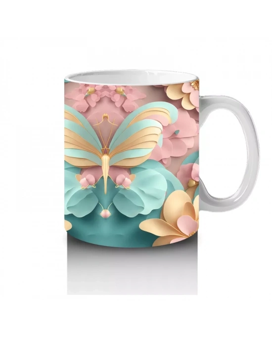 Altın Detaylı Renkli Kelebekler ve Çiçekler – Baskılı Kahve Kupası