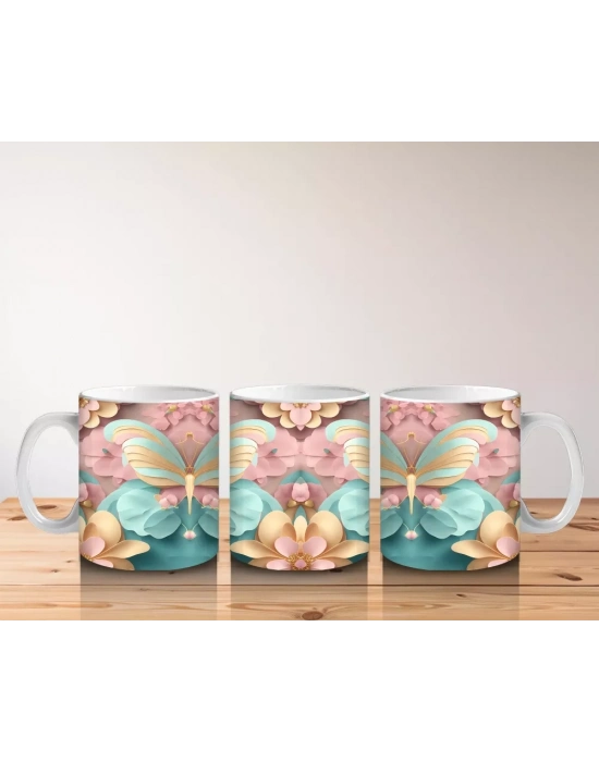 Altın Detaylı Renkli Kelebekler ve Çiçekler – Baskılı Kahve Kupası