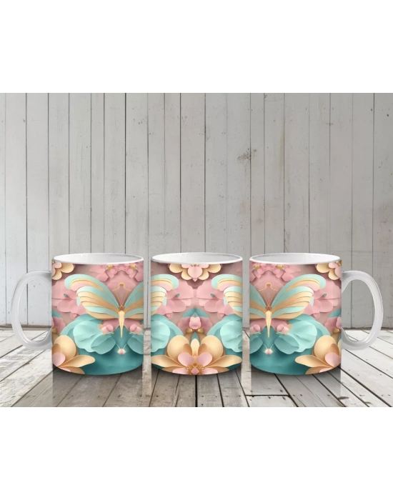 Altın Detaylı Renkli Kelebekler ve Çiçekler – Baskılı Kahve Kupası