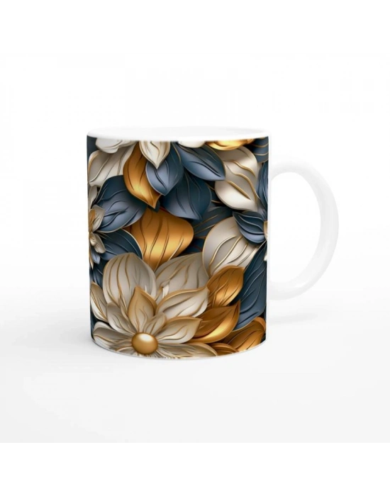 Altın Dokunuşlu Geometrik Çiçek Desenli Kupa Bardak