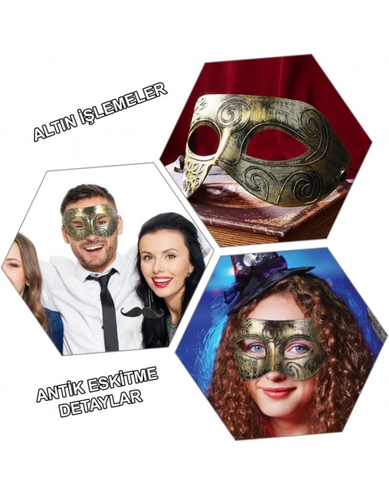 Altın Eskitme Yüz Maskesi - Antik Tarz Balo Maskesi
