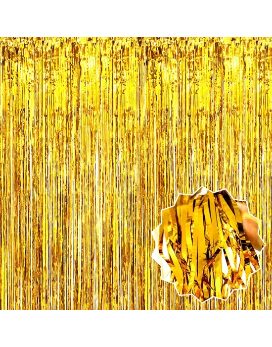 Altın Gold Renk Ekstra Metalize Parlak Saçaklı Arka Fon Perde İthal A Kalite 1x2 Metre