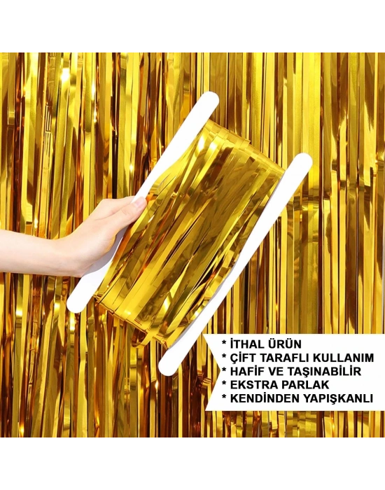 Altın Gold Renk Ekstra Metalize Parlak Saçaklı Arka Fon Perde İthal A Kalite 1x2 Metre