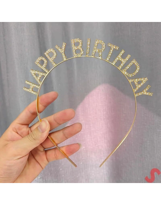 Altın Gold Renk Kristal Taşlı Parlak Happy Birthday Taç
