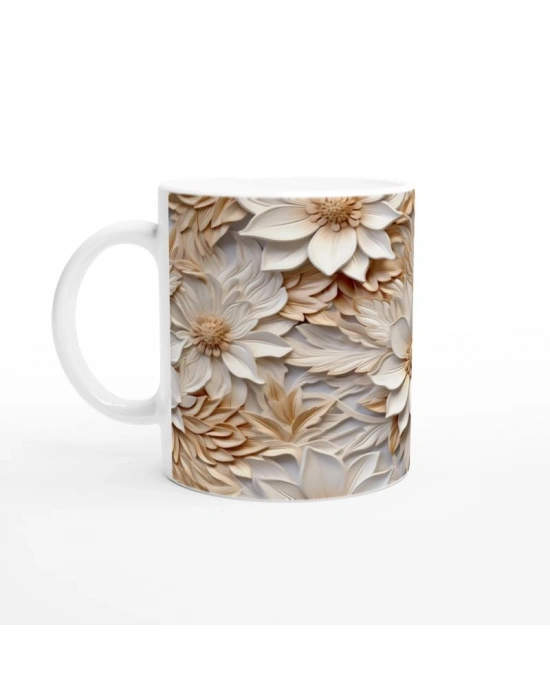 Altın Gölgeli Krem Çiçekli Kupa Bardak