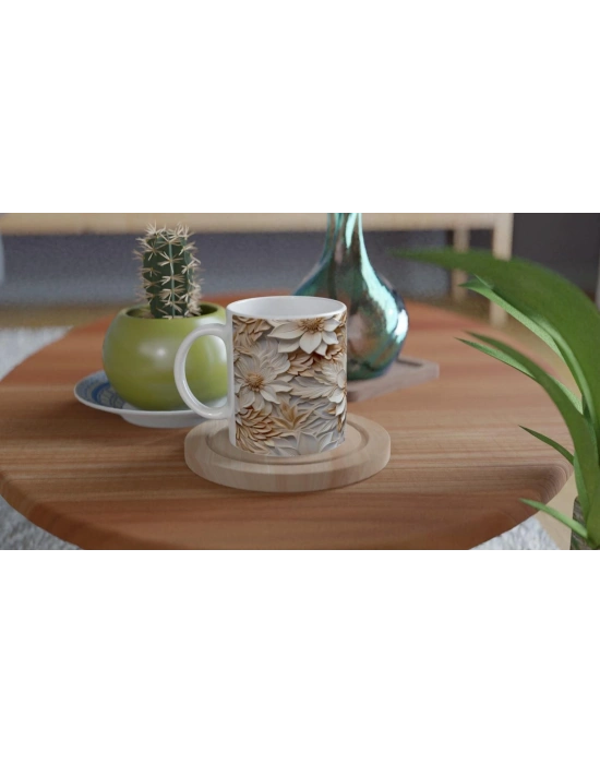 Altın Gölgeli Krem Çiçekli Kupa Bardak