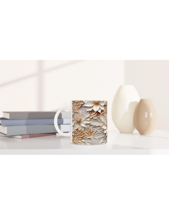 Altın Gölgeli Krem Çiçekli Kupa Bardak