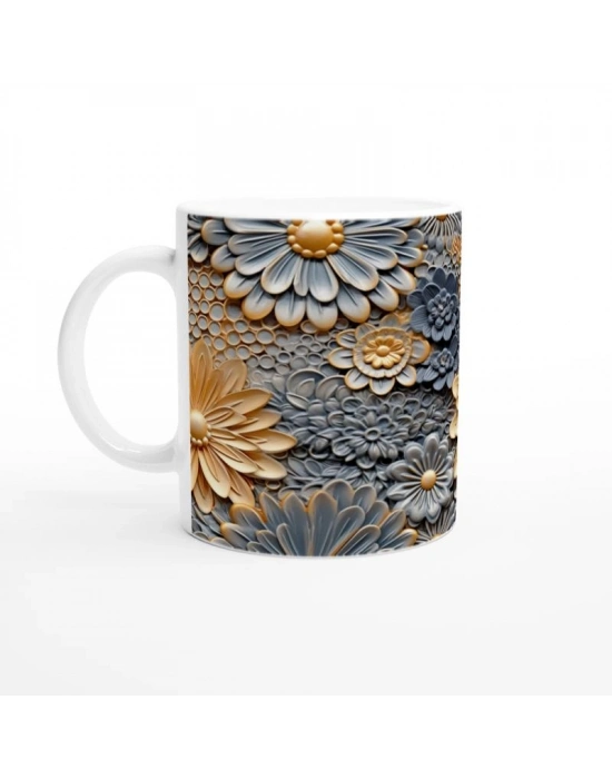 Altın Gri Kontrast Çiçek Desenli Kupa Bardak