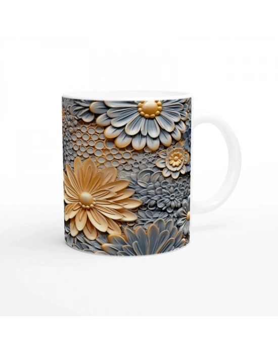 Altın Gri Kontrast Çiçek Desenli Kupa Bardak