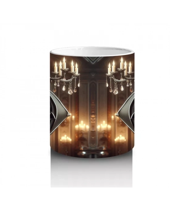 Altın Işıklarla Süslenmiş Cadı Kazanı ve Mumlar Temalı Cadılar Bayramı Baskılı Kupa