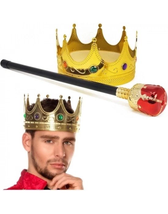 Altın Kral Tacı ve Kırmızı Topuzlu Asası Seti