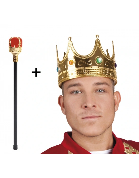 Altın Renk 60 Cm Kral Tacı Kraliyet Tacı Ve Kırmızı Topuzlu Kral Asası Seti