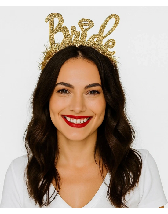 Altın Renk Bekarlığa Veda İtalik Yazı Alyanslı Bride Taç