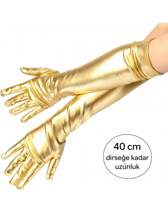 Altın Renk Dirsek Altı Lüks Saten Eldiven 40 Cm
