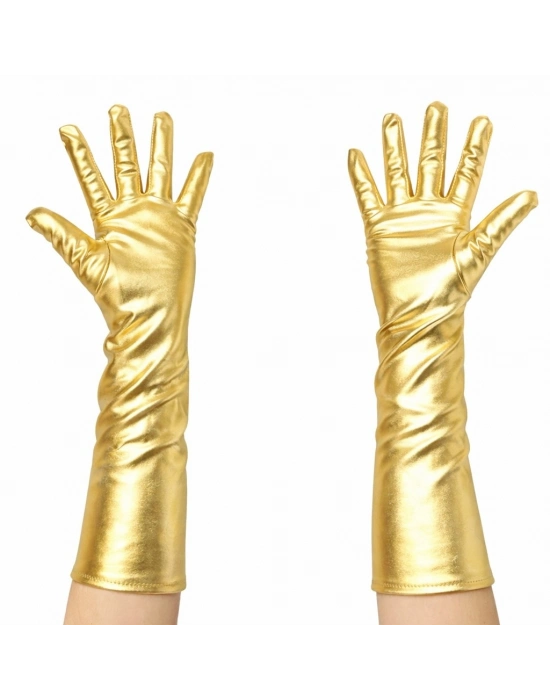Altın Renk Dirsek Altı Lüks Saten Eldiven 40 cm