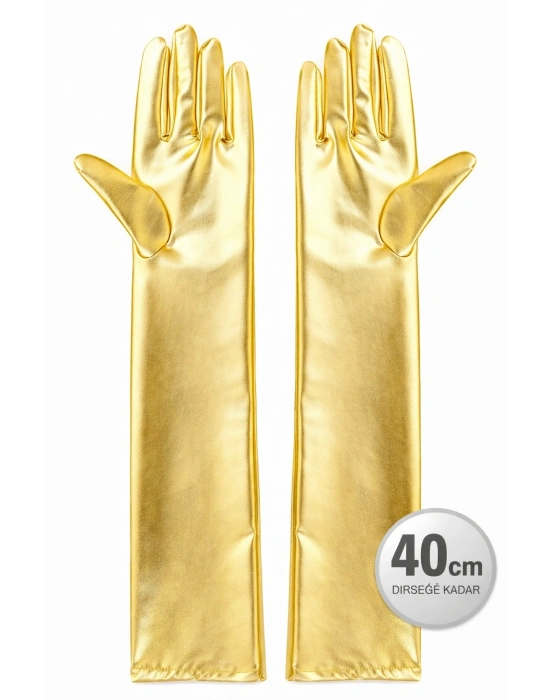 Altın Renk Dirsek Altı Lüks Saten Eldiven 40 cm