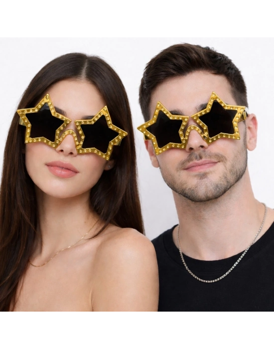 Altın Renk Disko Yıldızı Retro Parti Gözlüğü 16x7 Cm