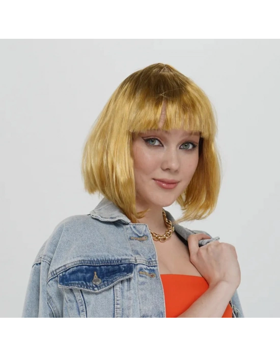 Altın Renk Düz Kesim Küt Parti Peruğu Kısa Takma Saç