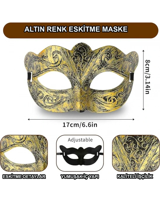 Altın Renk Eskitme Maskeli Balo Maskesi – Venedik Tarzı Parti Maskesi