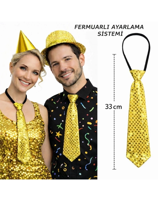 Altın Renk Pul Payetli Işıltılı Parti Kravatı 33 Cm