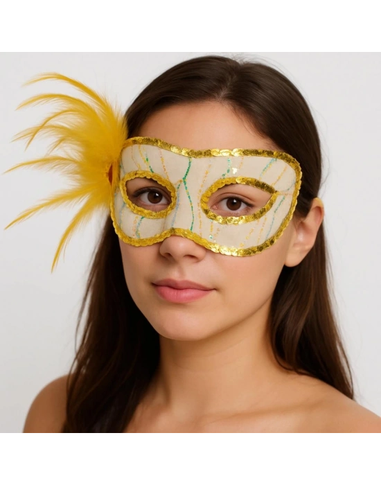 Altın Renk Yandan Tüylü Pul Payet İşlemeli Parti Maskesi 23x12 Cm