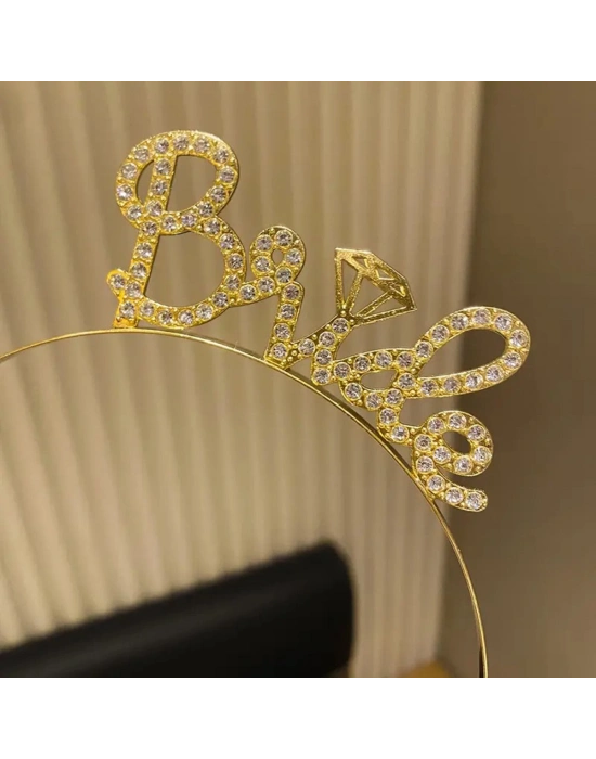 Altın Renkli Taşlı “Bride” Gelin Tacı