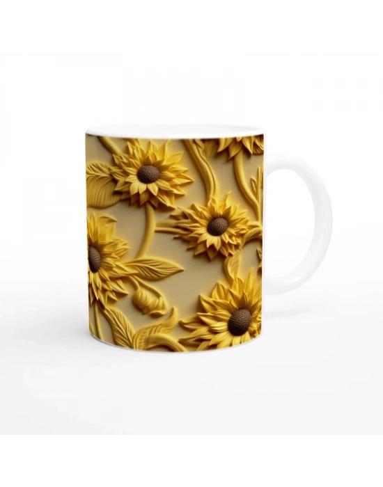 Altın Rölyef Ayçiçeği Desenli Kupa Bardak