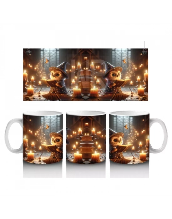 Altın Sarısı Işıklarla Aydınlanan Gotik Kitaplık ve Cadı Masası Temalı Baskılı Kupa