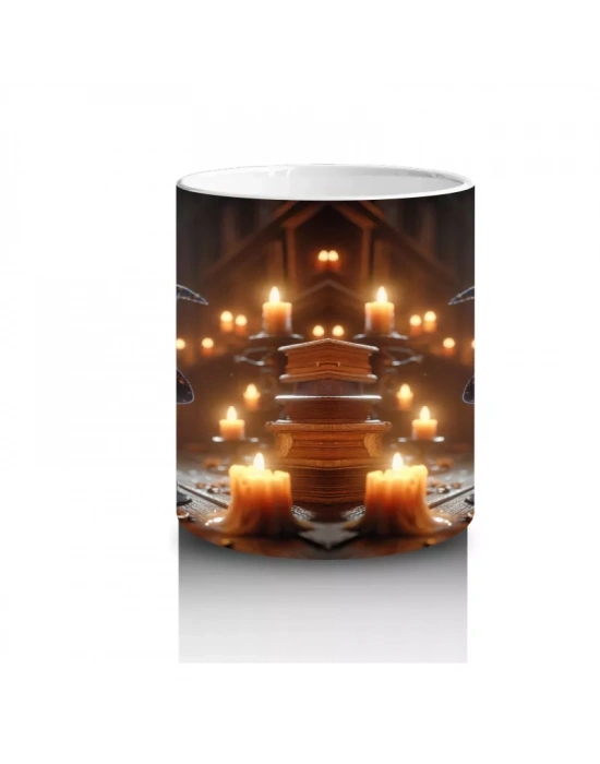 Altın Sarısı Işıklarla Aydınlanan Gotik Kitaplık ve Cadı Masası Temalı Baskılı Kupa