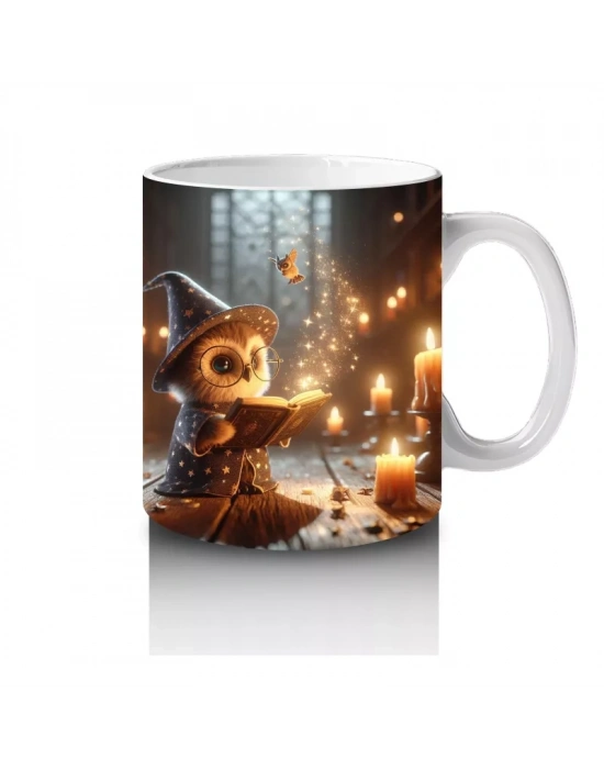 Altın Sarısı Işıklarla Aydınlanan Gotik Kitaplık ve Cadı Masası Temalı Baskılı Kupa