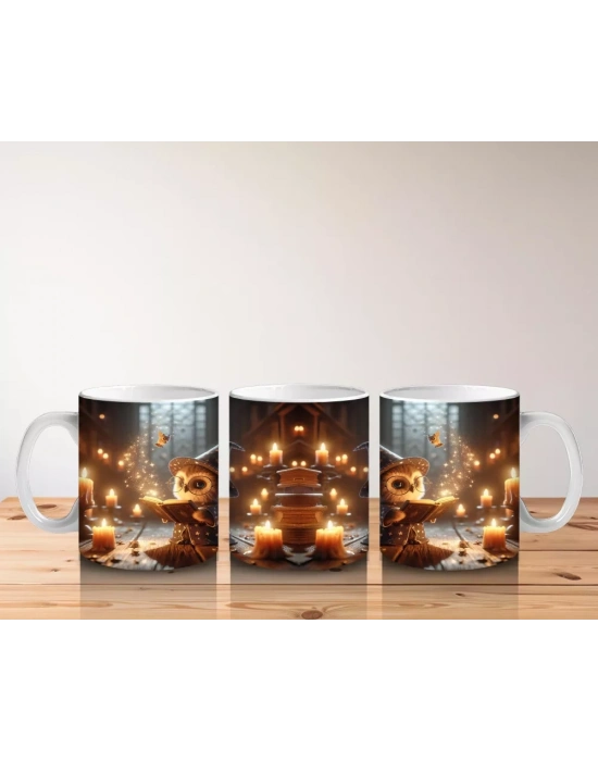 Altın Sarısı Işıklarla Aydınlanan Gotik Kitaplık ve Cadı Masası Temalı Baskılı Kupa