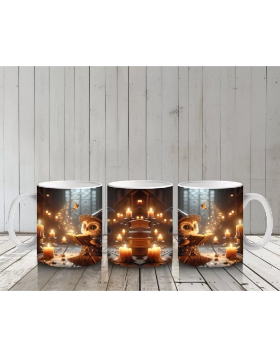 Altın Sarısı Işıklarla Aydınlanan Gotik Kitaplık ve Cadı Masası Temalı Baskılı Kupa