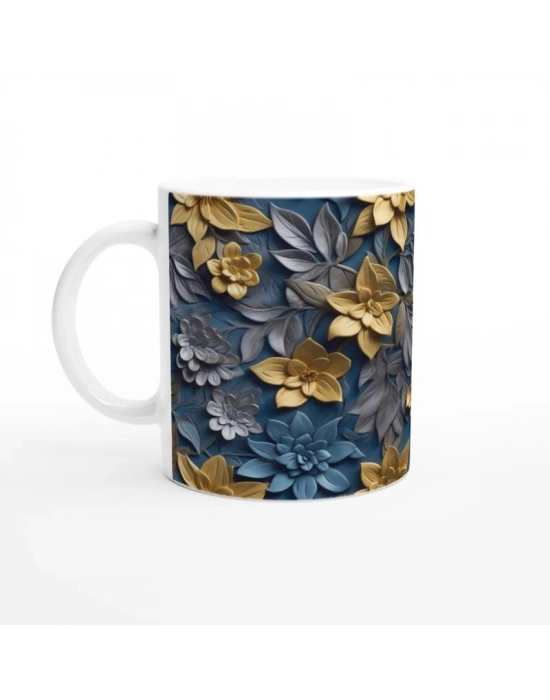 Altın Sarısı ve Mavi Rölyef Çiçek Desenli Kupa Bardak