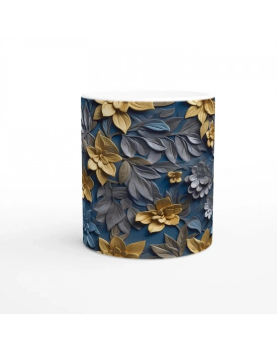 Altın Sarısı ve Mavi Rölyef Çiçek Desenli Kupa Bardak