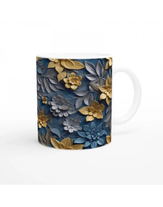 Altın Sarısı ve Mavi Rölyef Çiçek Desenli Kupa Bardak