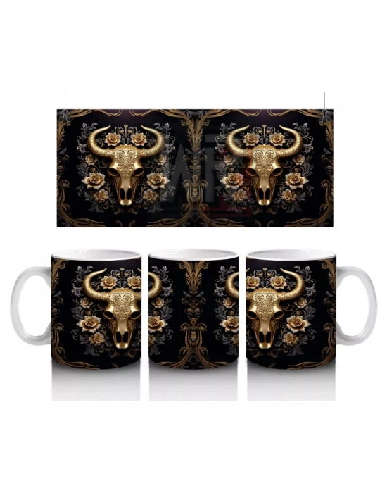 Altın Siyah Arka Planda Boğa Figürü – Baskılı Kahve Kupası