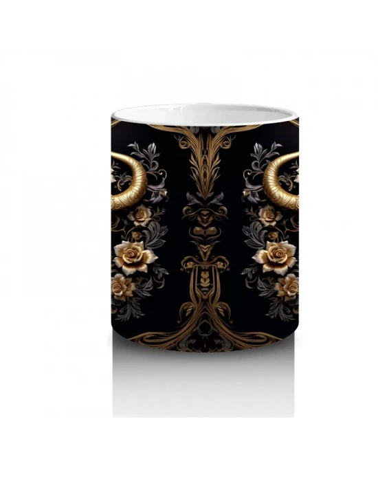 Altın Siyah Arka Planda Boğa Figürü – Baskılı Kahve Kupası