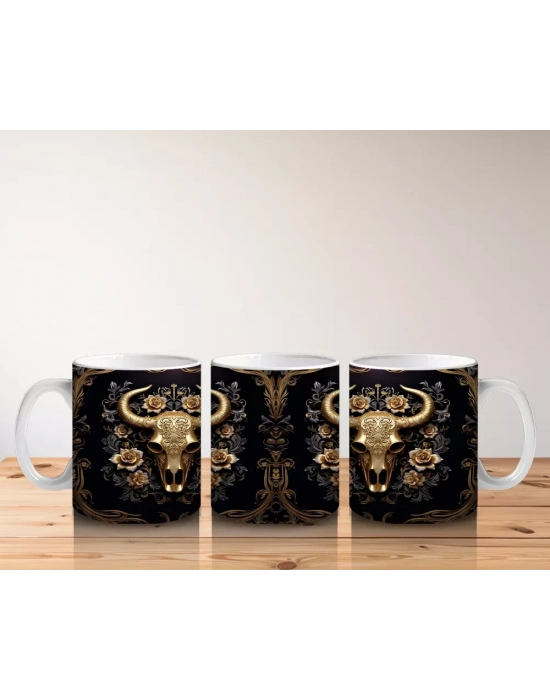 Altın Siyah Arka Planda Boğa Figürü – Baskılı Kahve Kupası