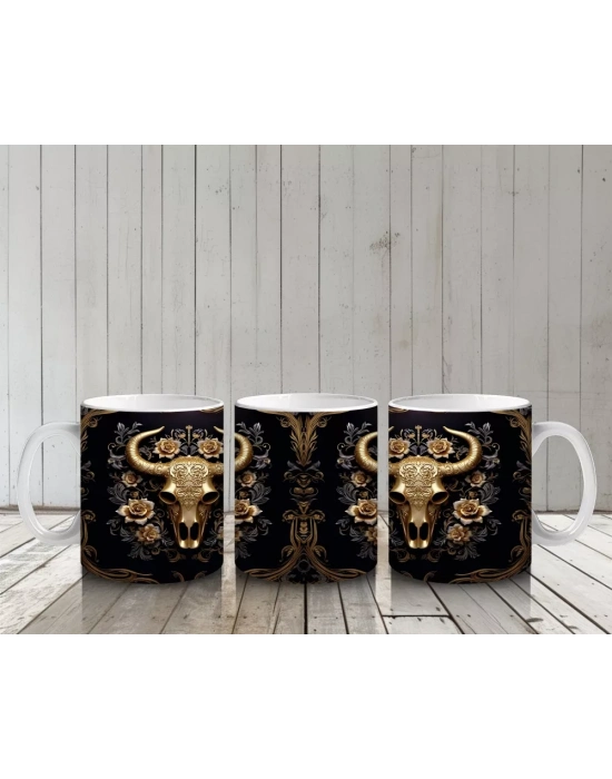 Altın Siyah Arka Planda Boğa Figürü – Baskılı Kahve Kupası