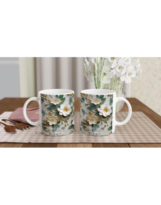 Altın ve Yeşil Yapraklı Beyaz Çiçek Desenli Kupa Bardak