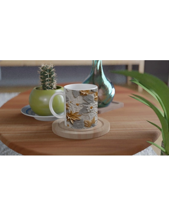 Altın Yaprak Işıltılı Çiçek Desenli Kupa Bardak