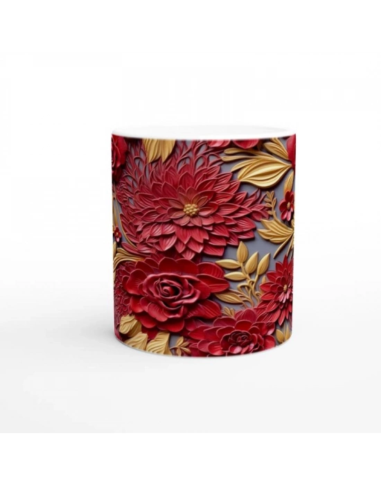 Altın Yapraklı Kırmızı Rölyef Çiçek Desenli Kupa Bardak