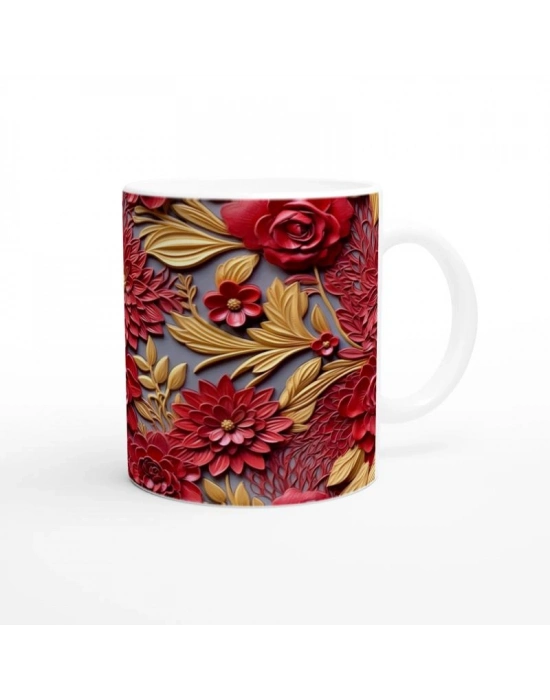 Altın Yapraklı Kırmızı Rölyef Çiçek Desenli Kupa Bardak