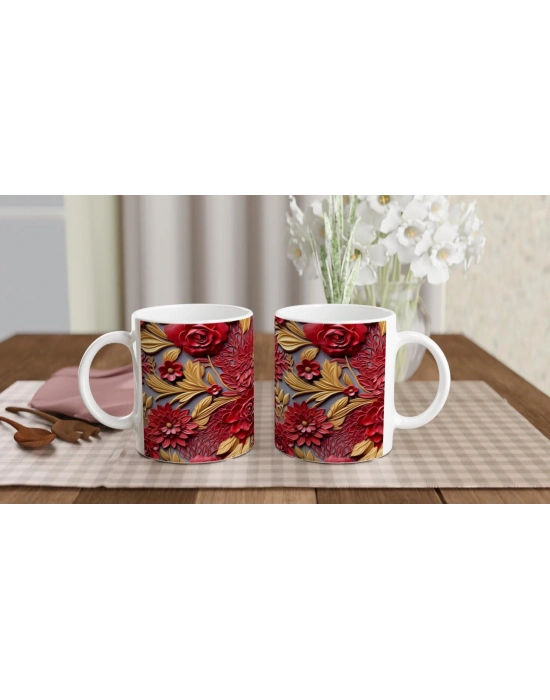 Altın Yapraklı Kırmızı Rölyef Çiçek Desenli Kupa Bardak