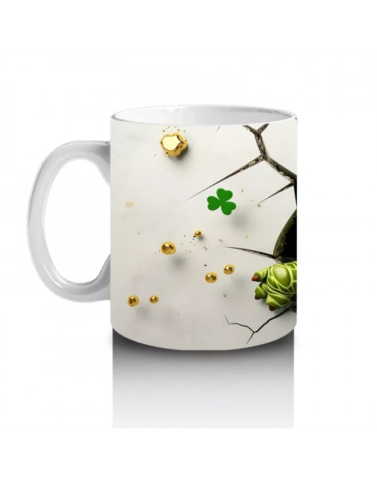 Altın Yoncalı Şapkalı Sevimli Kurbağa Figürü - Baskılı kahve kupası