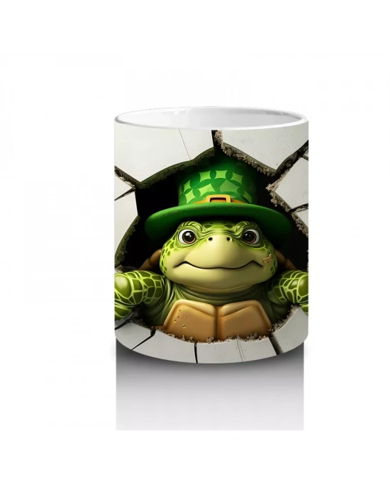 Altın Yoncalı Şapkalı Sevimli Kurbağa Figürü - Baskılı kahve kupası