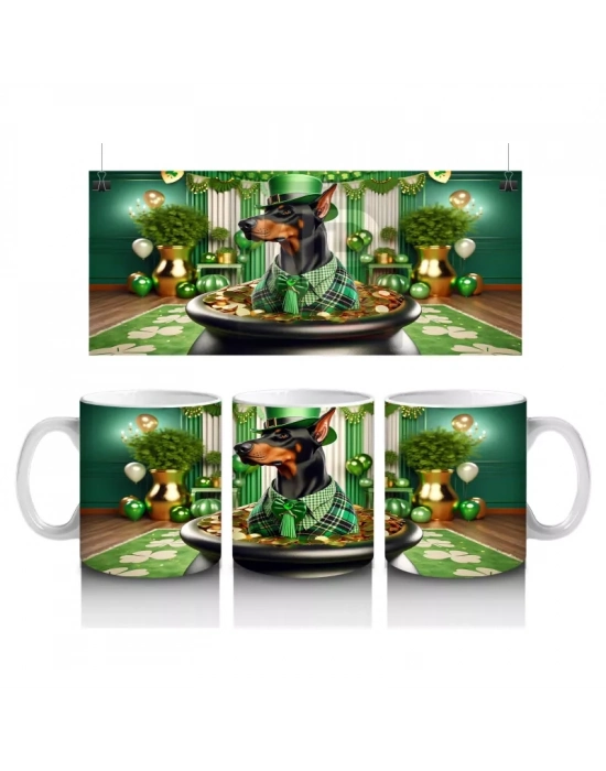 Altınlarla Dolu Kazanda Oturan St. Patrick’s Doberman - Baskılı kahve kupası